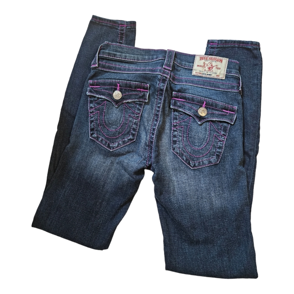 ✨️TRUE RELIGION DARK DENIM DISTRESSED LOW RISE SKINNY JEANS SZ 26✨️